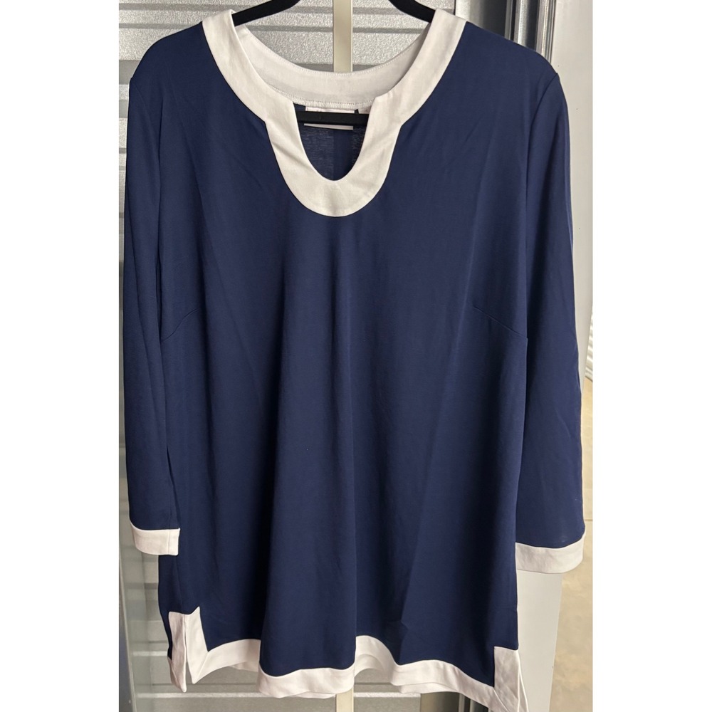 Belle by Kim Gravel Navy Blue White Trim Split Neck Tunic Top Large